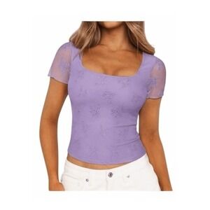 PinkMStyle Lace‎ Square Neck Short Sleeve Top Lilac Purple Stretch M